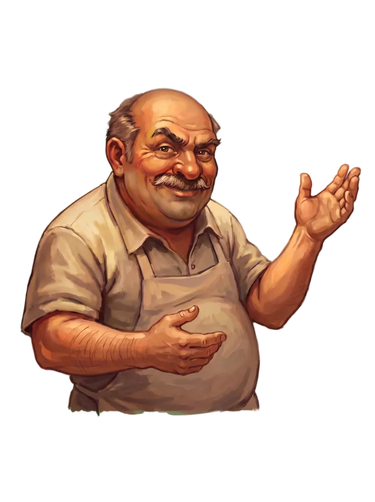 Seu Zé, o dono da mercearia, sorrindo e convidando a entrar.
